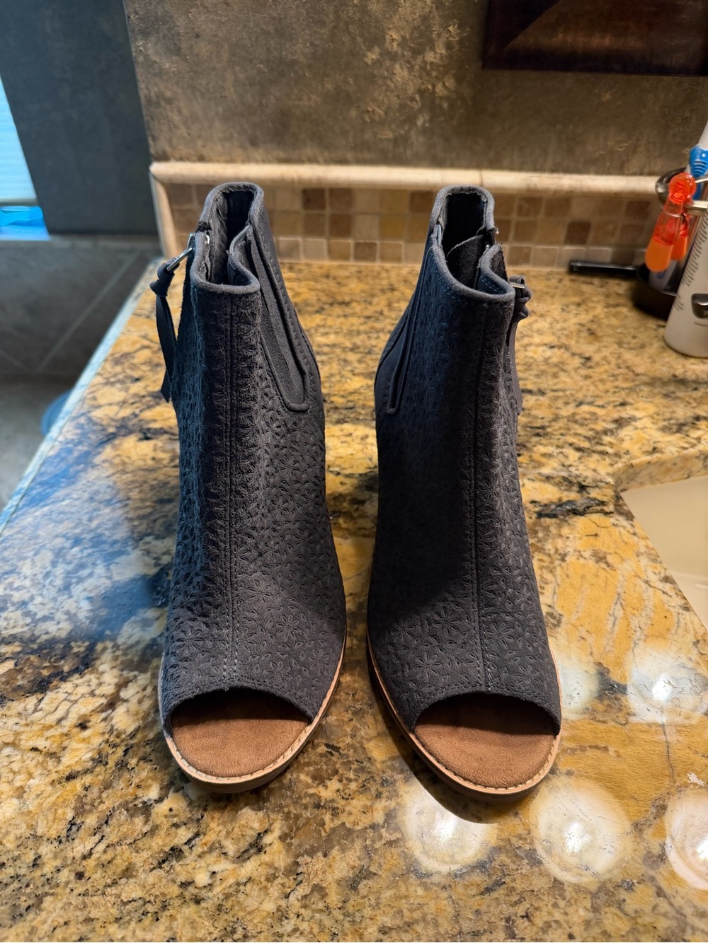 Toms Grey  Textured Peep-Toe Ankle Booties with Zip Closure